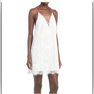 ASTR the Label Women's Ivory Lace Up Crochet Mini Dress. Size Large
